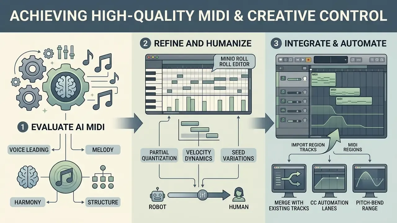 Three-step diagram showing musical evaluation, MIDI refinement, and DAW integration with automation lanes