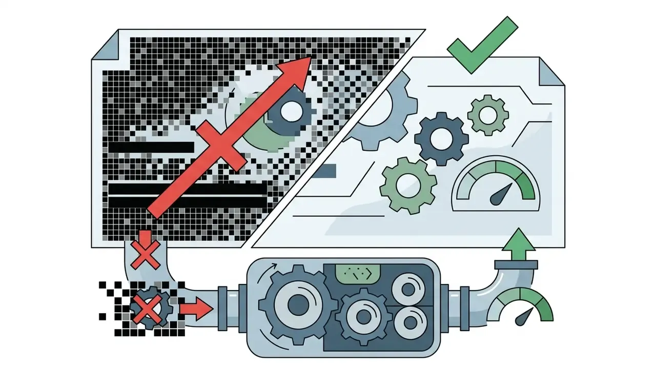 Document with pixelated sections being blocked by red crosses while clean data passes through gears