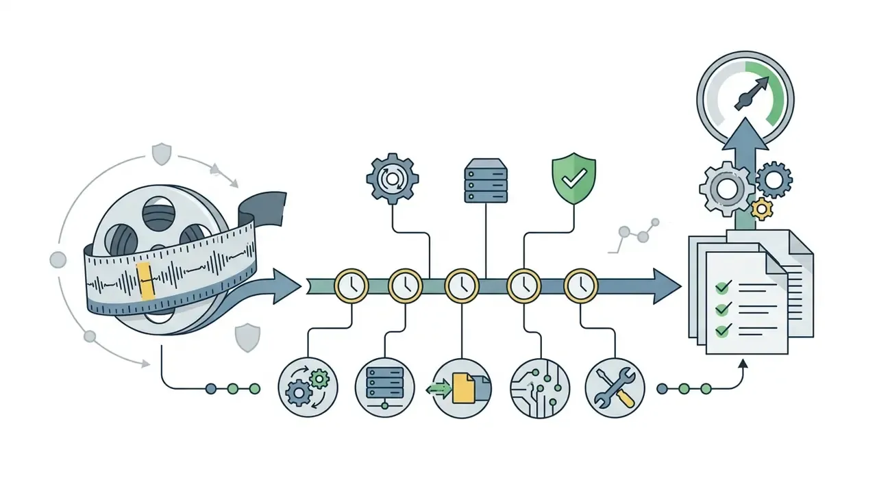 Film reel audio data flowing through a timeline of technical events into a final compliance report document