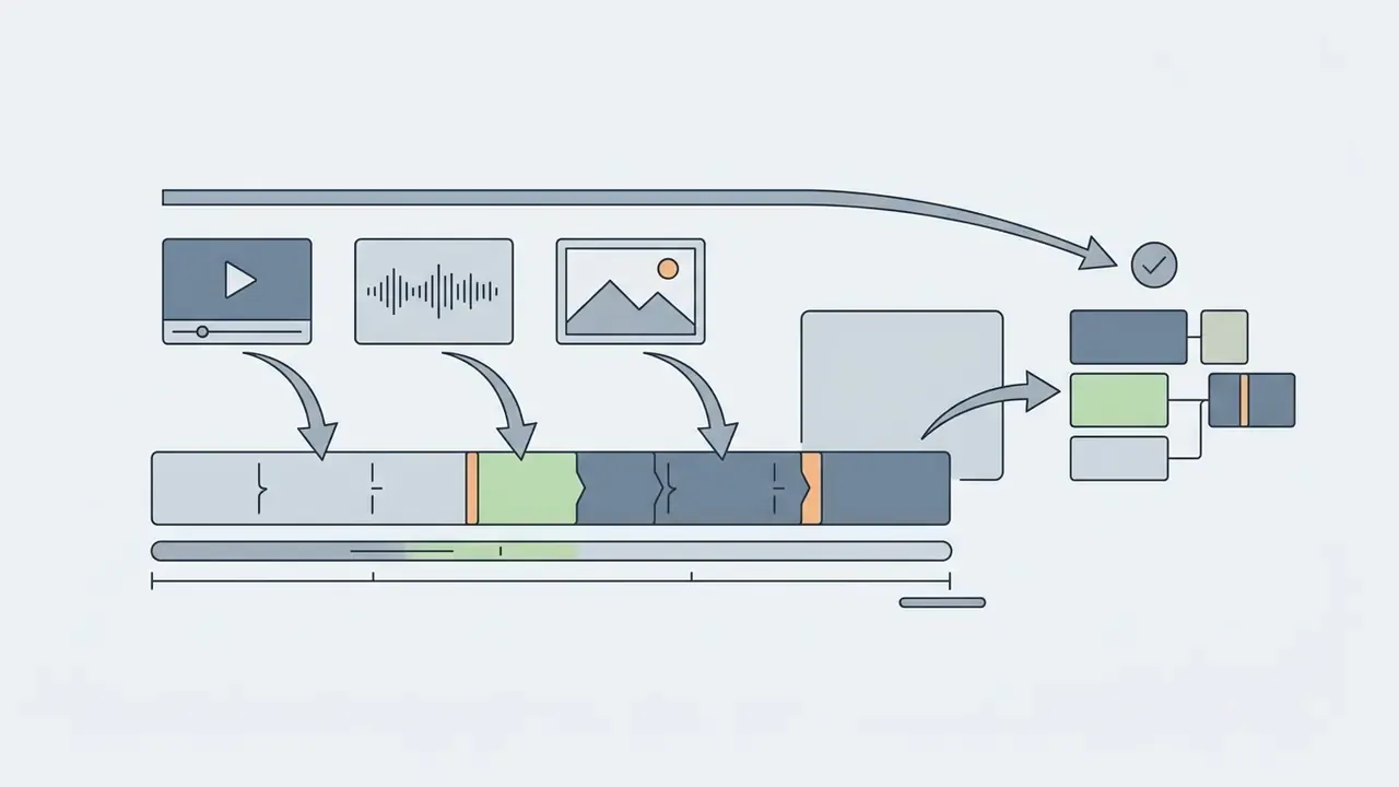 Video clips audio files and images being dragged onto a horizontal editing timeline to create a sequence