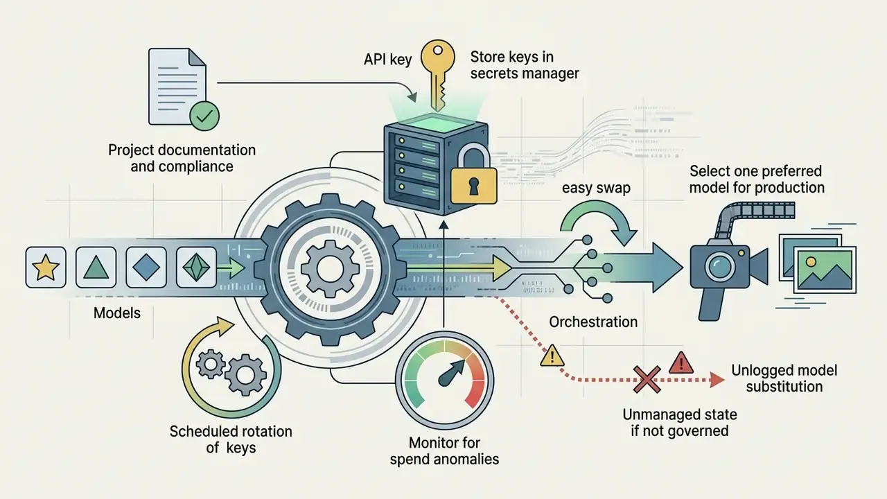 Workflow showing API key management for AI models to prevent unlogged substitution and monitor spend