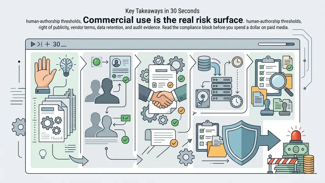 Five sequential panels showing legal compliance steps for digital content including authorship and auditing