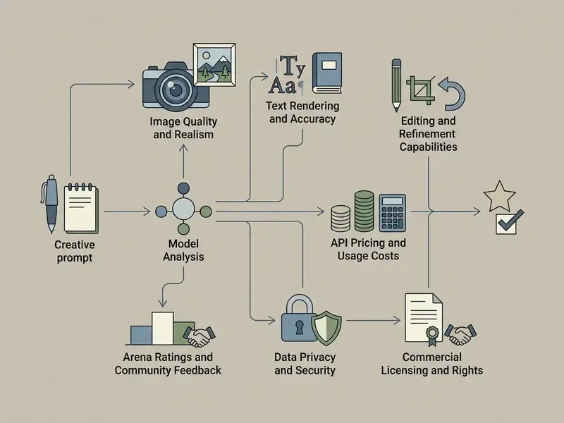 Process map linking creative prompts and model analysis to quality, cost, privacy, and licensing metrics
