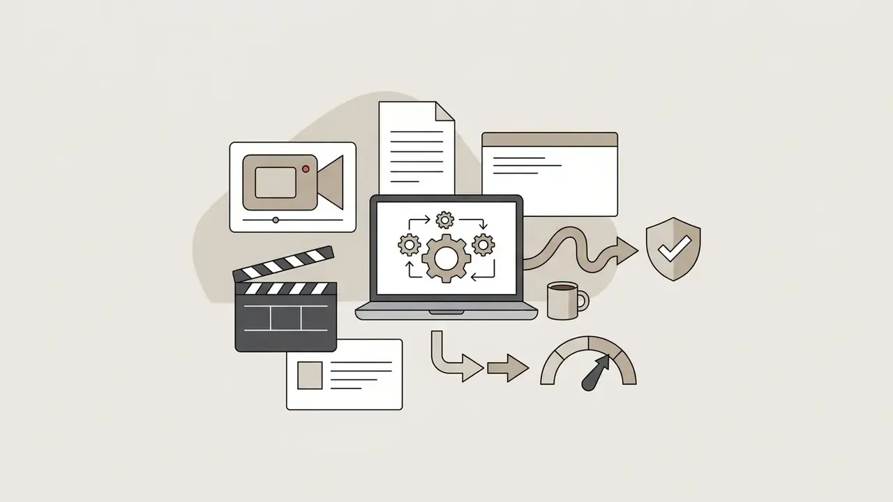 Laptop screen with gears processing video and text content into a shield icon and a performance gauge