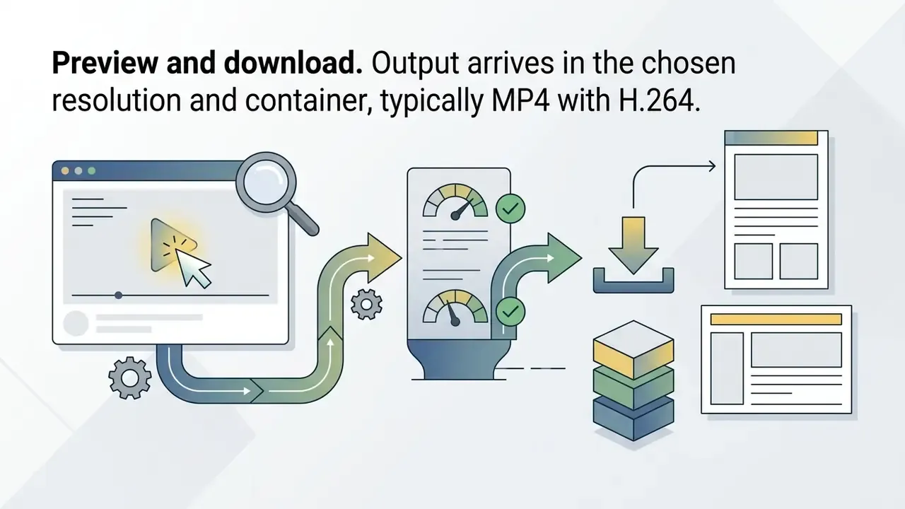 Video player interface connected to a processing gauge and a download icon for saving MP4 files