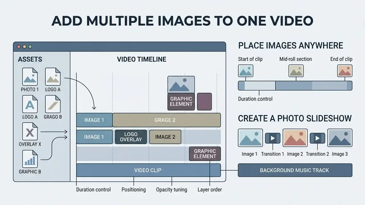 Infographic showing how to organize image tracks on a video timeline for slideshows and overlays