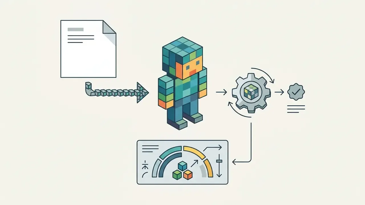 Document icon transforming into a blocky voxel character processed by a gear and control panel