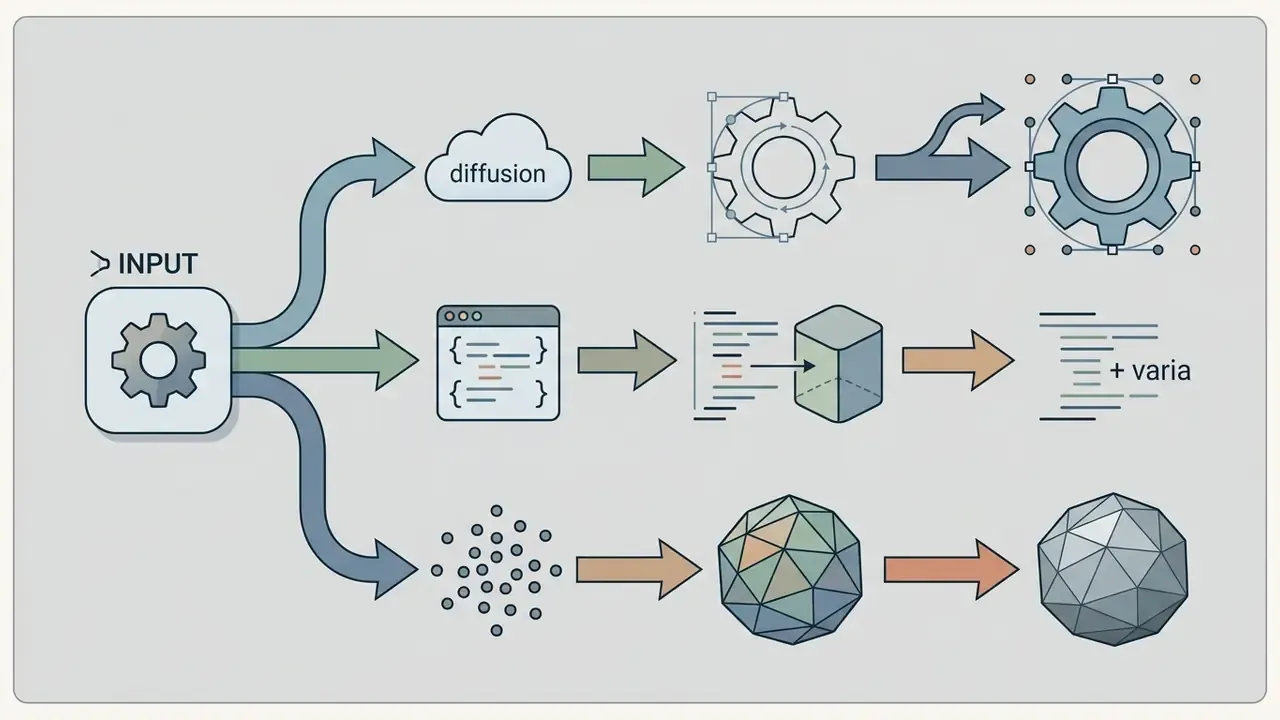 Three parallel processing paths transforming input into vector graphics, code, and 3D mesh models