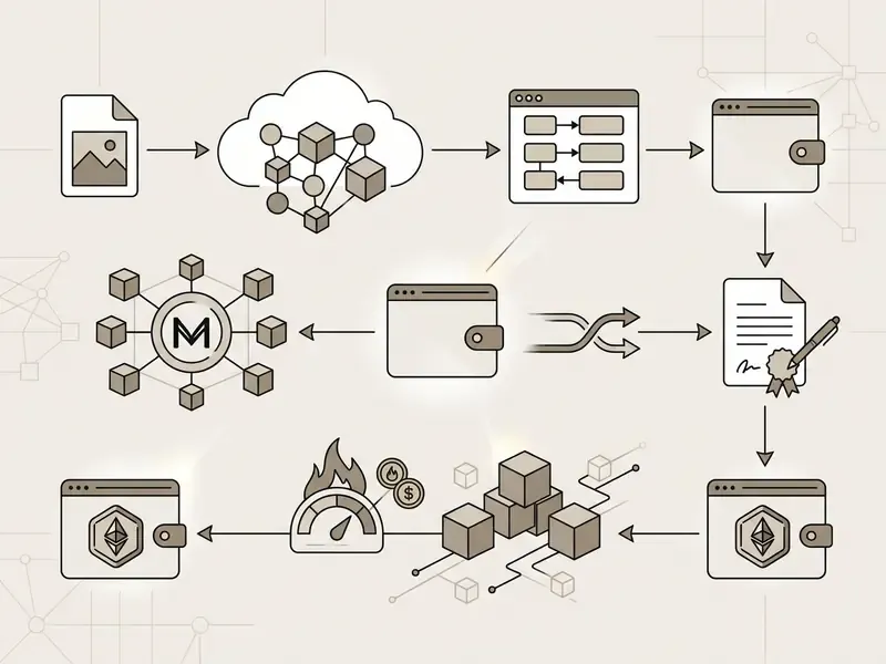 Sequential diagram mapping the path from digital file upload to final blockchain token receipt