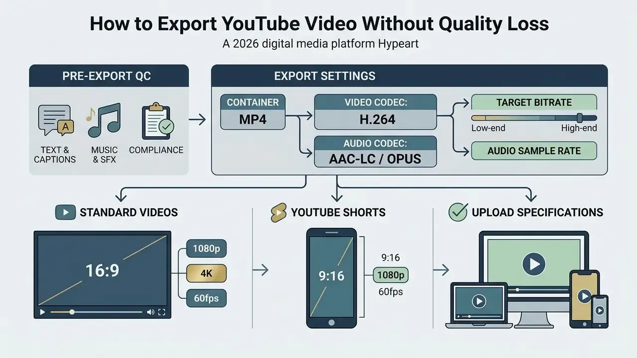 Diagram showing pre-export quality checks and export settings for standard videos and YouTube Shorts