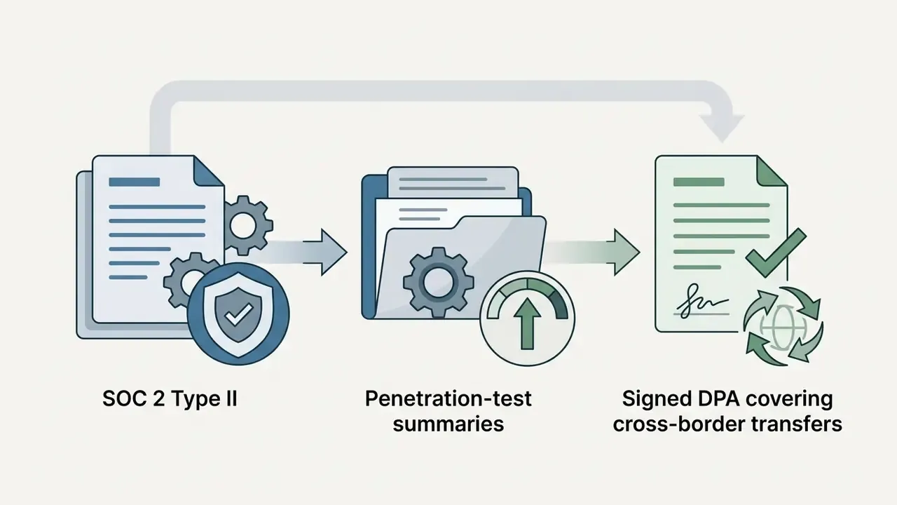 Documents moving through gears and a gauge toward a signed contract with a checkmark and global icon