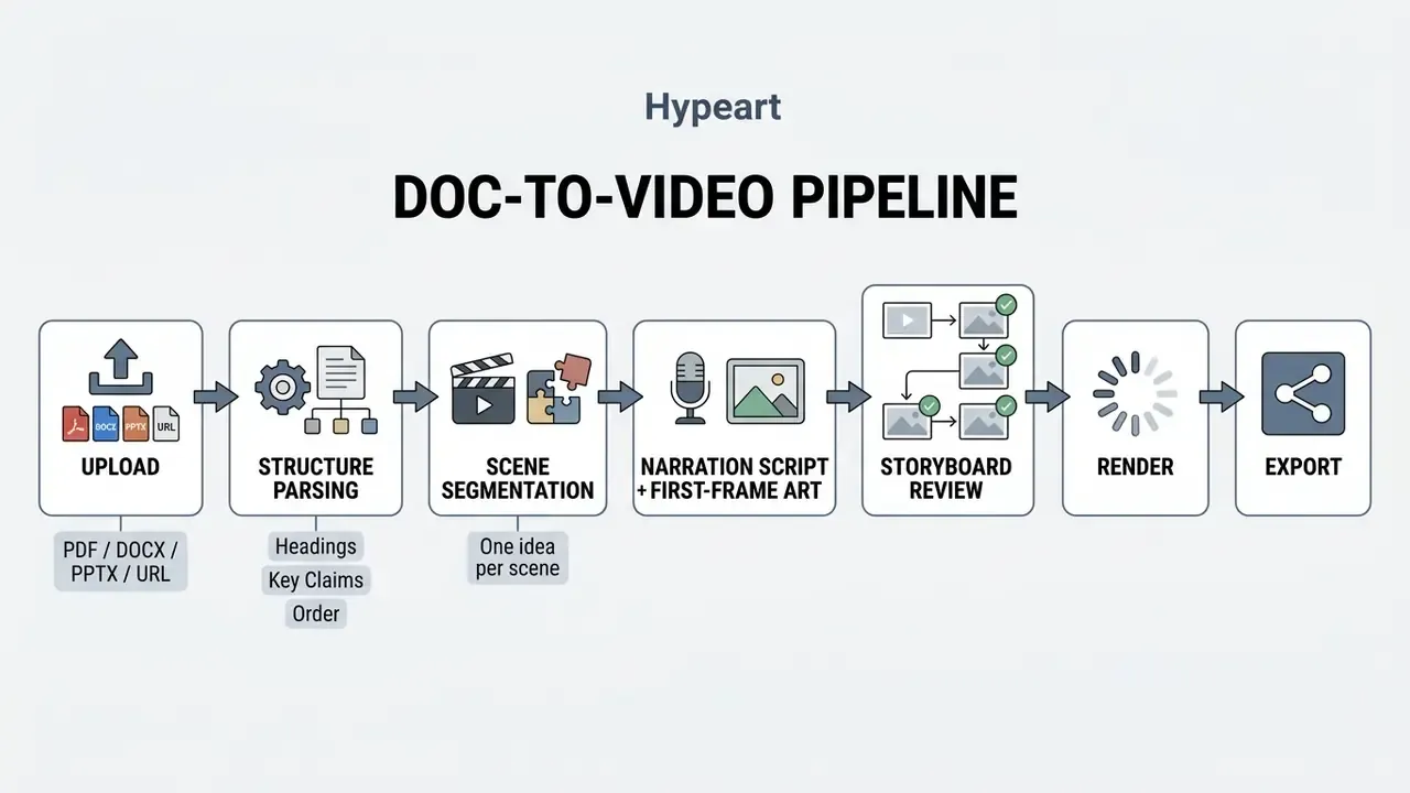 Linear process diagram showing document upload, parsing, scene segmentation, narration, and final export