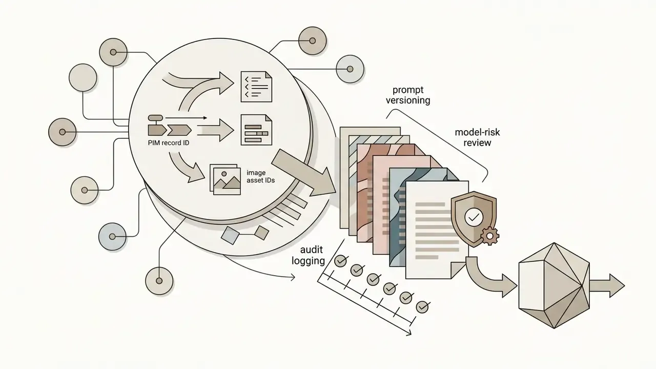 PIM records and image assets feeding into a versioning system for audit logging and risk review