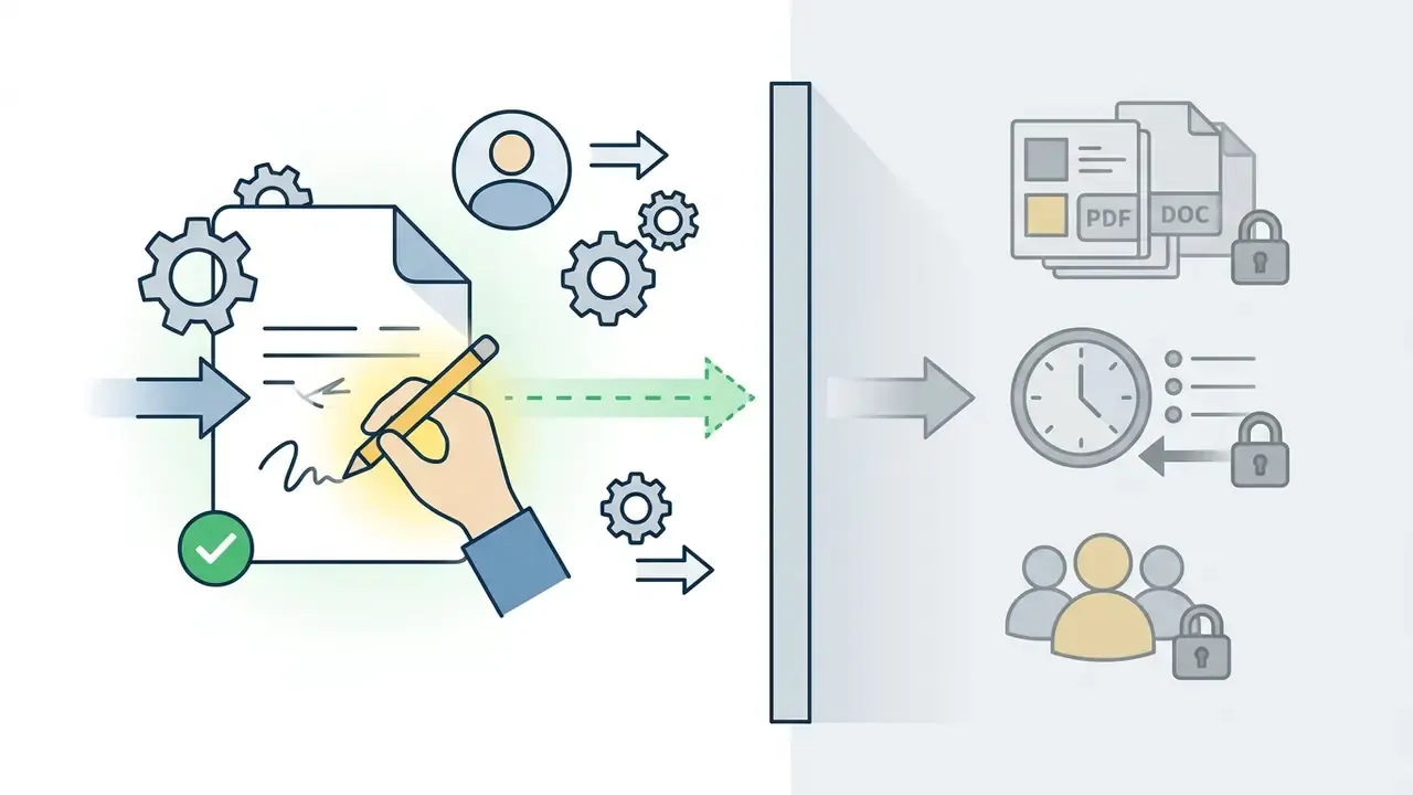 Hand writing on a document that flows past a barrier to locked icons for PDF, history, and team sharing