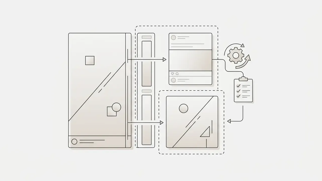 Vertical video content being resized and adapted into square and rectangular social media feed formats