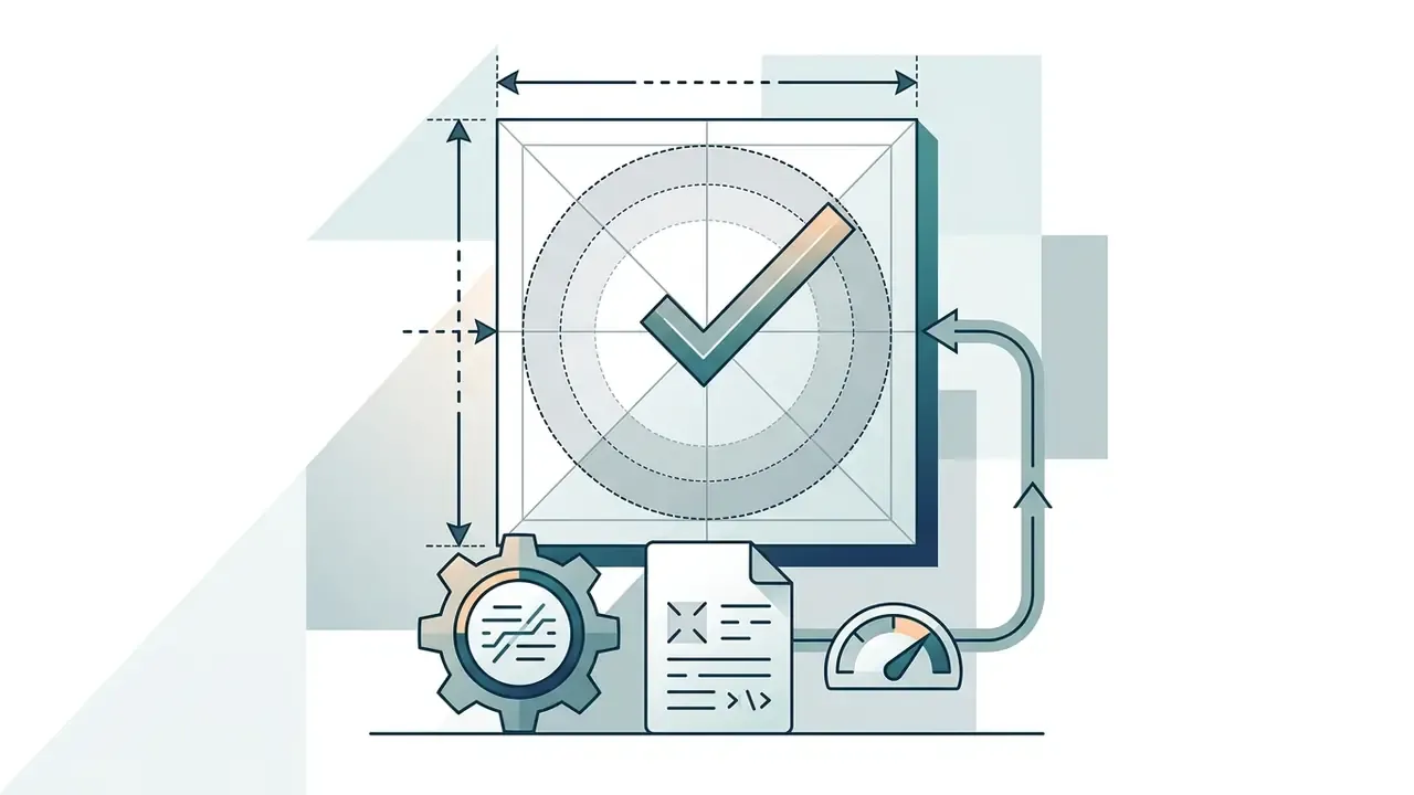 Square frame with a checkmark, gear icon, document, and gauge indicating technical dimension compliance