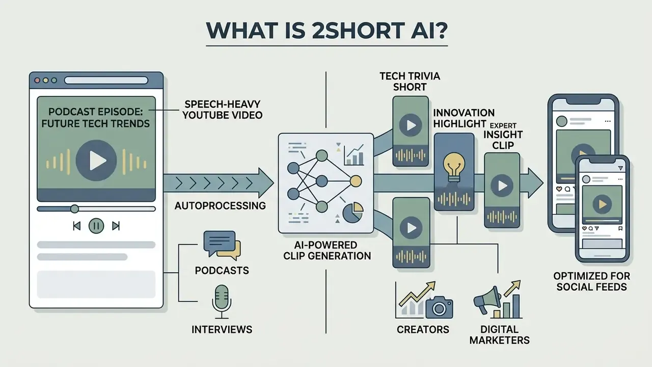Diagram showing 2short AI converting long-form video content into vertical clips for social media feeds