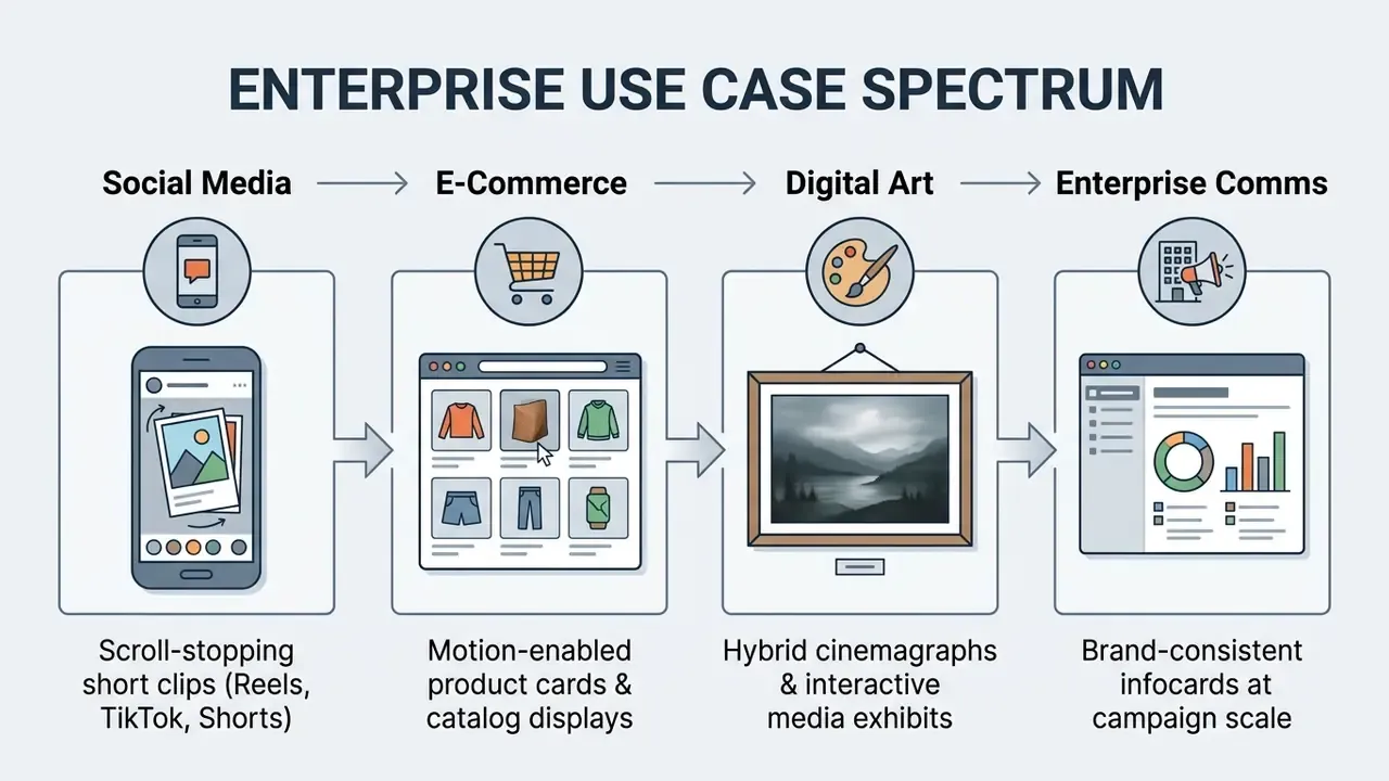 Linear progression showing business applications for motion media across four distinct industry sectors