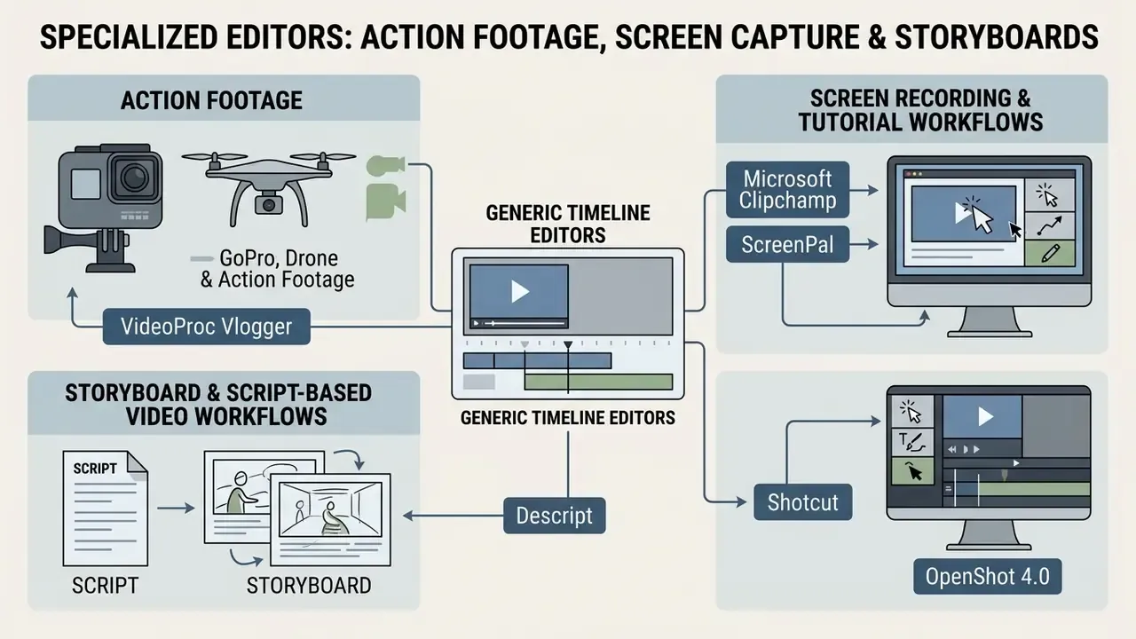 Infographic mapping specialized video editing software to action footage, screen recording, and scripting