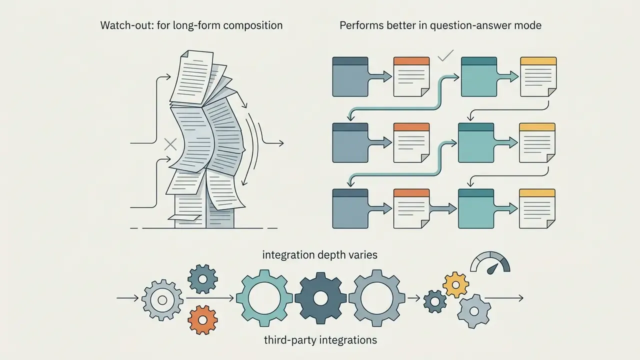 Unstable stack of papers next to a structured grid of document icons and a row of interlocking gears