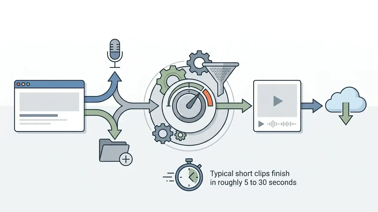 Browser interface for recording or uploading files to a processing engine with a timer for quick output