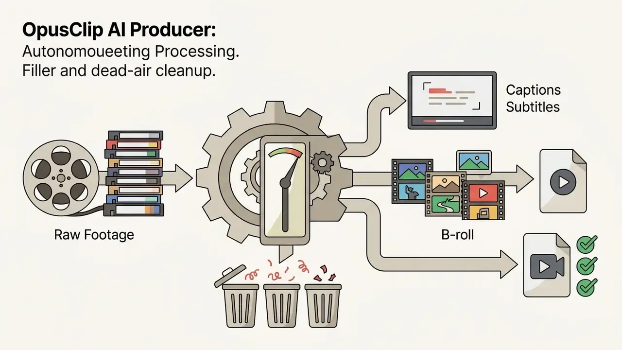 Raw video footage entering a processing gear to generate captioned clips, B-roll, and cleaned output files