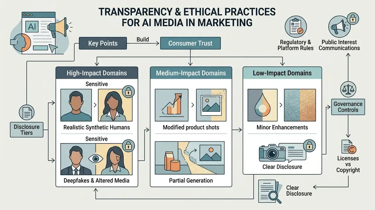 Diagram categorizing AI media by impact level to build consumer trust through disclosure and governance