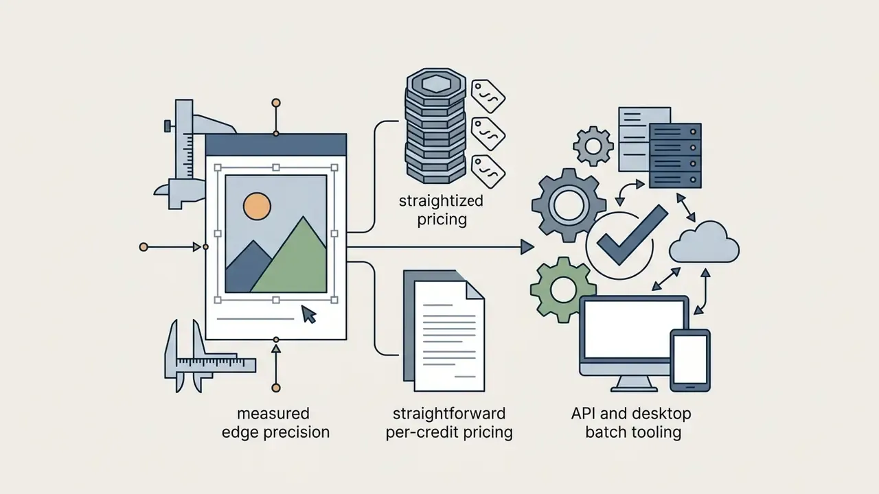 Calipers measuring an image flowing into pricing coins and documents toward API and desktop tool icons