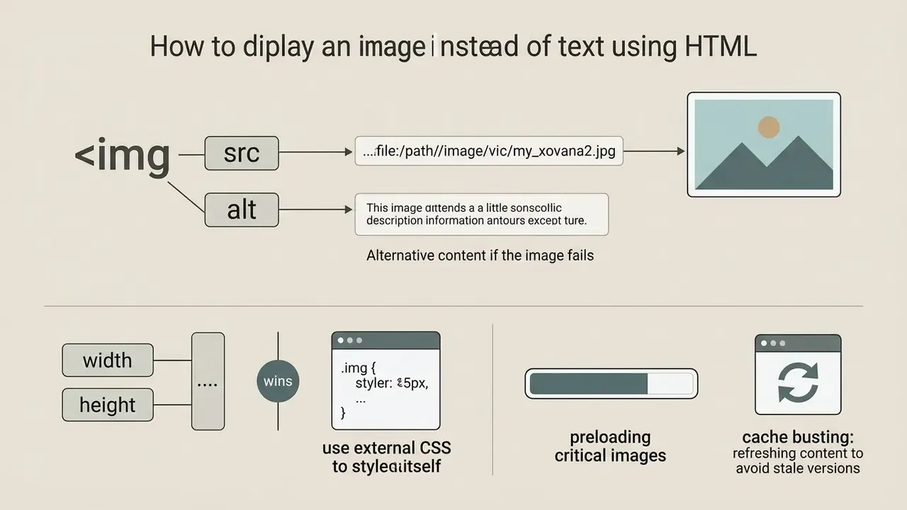 Diagram showing img tag attributes, CSS sizing priority, preloading images, and cache busting techniques