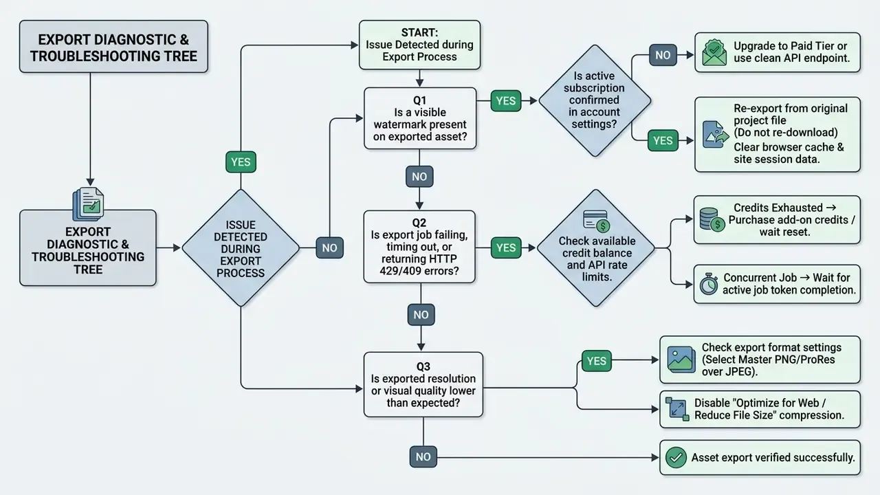 Decision tree diagram outlining steps to resolve AI watermark and export limit errors