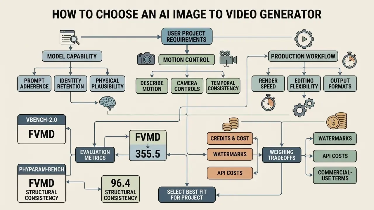 Decision tree diagram outlining factors for evaluating an AI image to video generator including metrics and costs