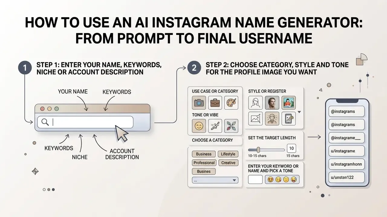Two-step workflow guide for using an AI Instagram username generator to create custom social media handles