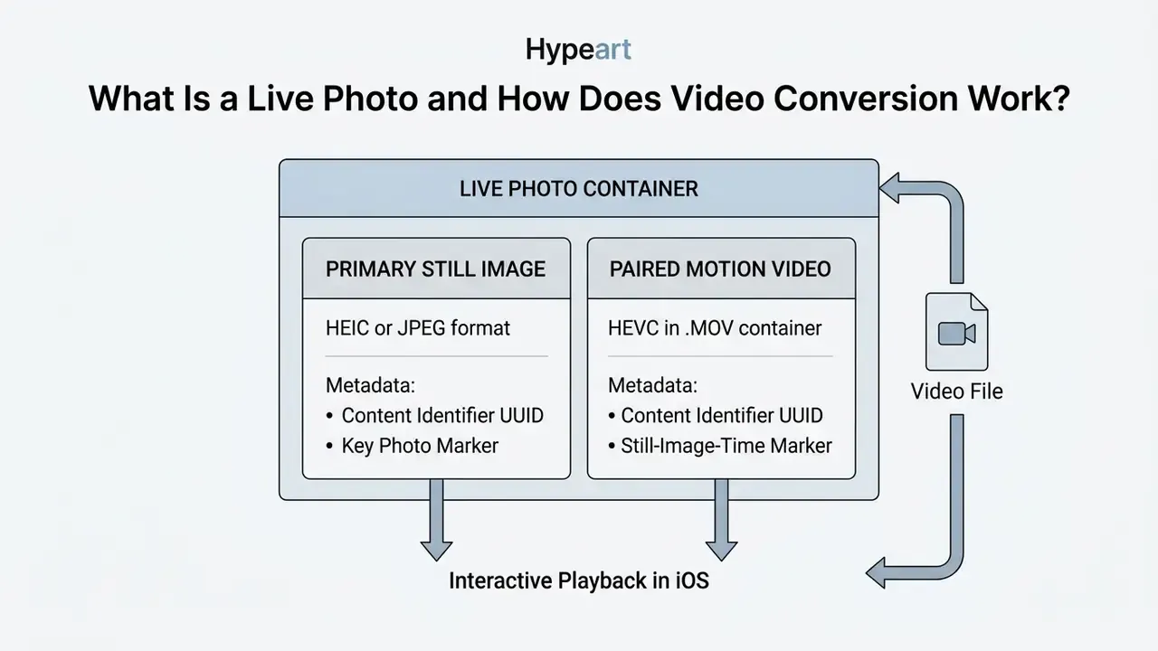 Diagram showing a Live Photo container holding a still image and a paired video file for iOS playback