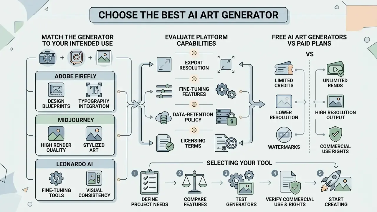 Infographic comparing AI art generator features, platform capabilities, and subscription plan differences