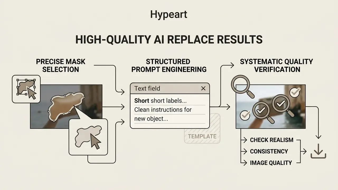 Three-step infographic showing mask selection, prompt engineering, and quality checks for image editing