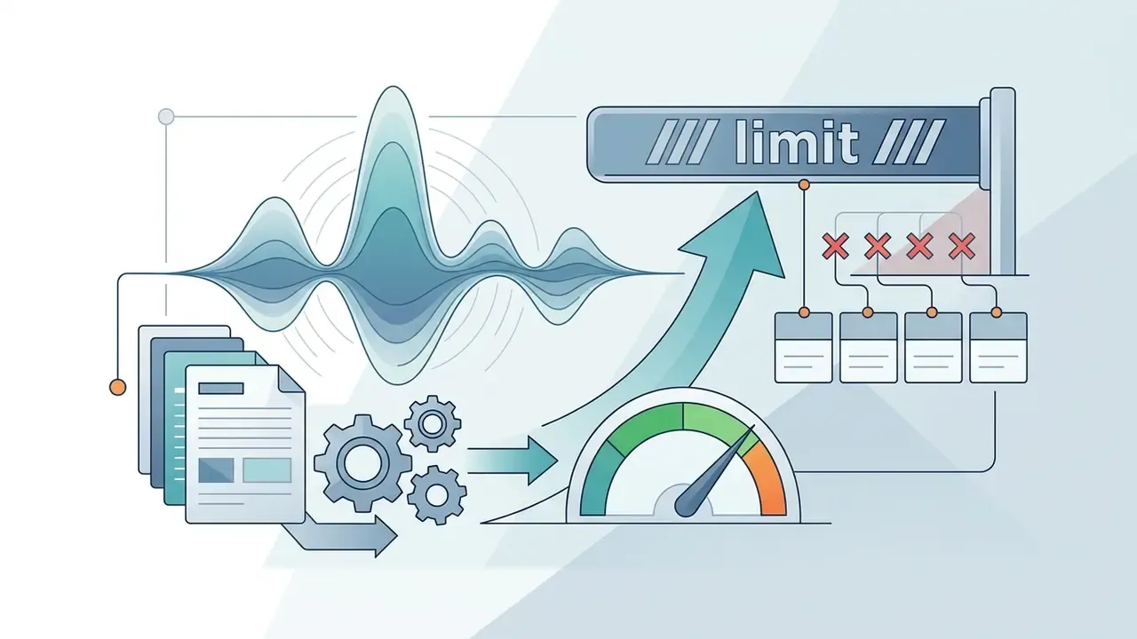 Visual representation of text processing and audio synthesis hitting usage limits on a meter