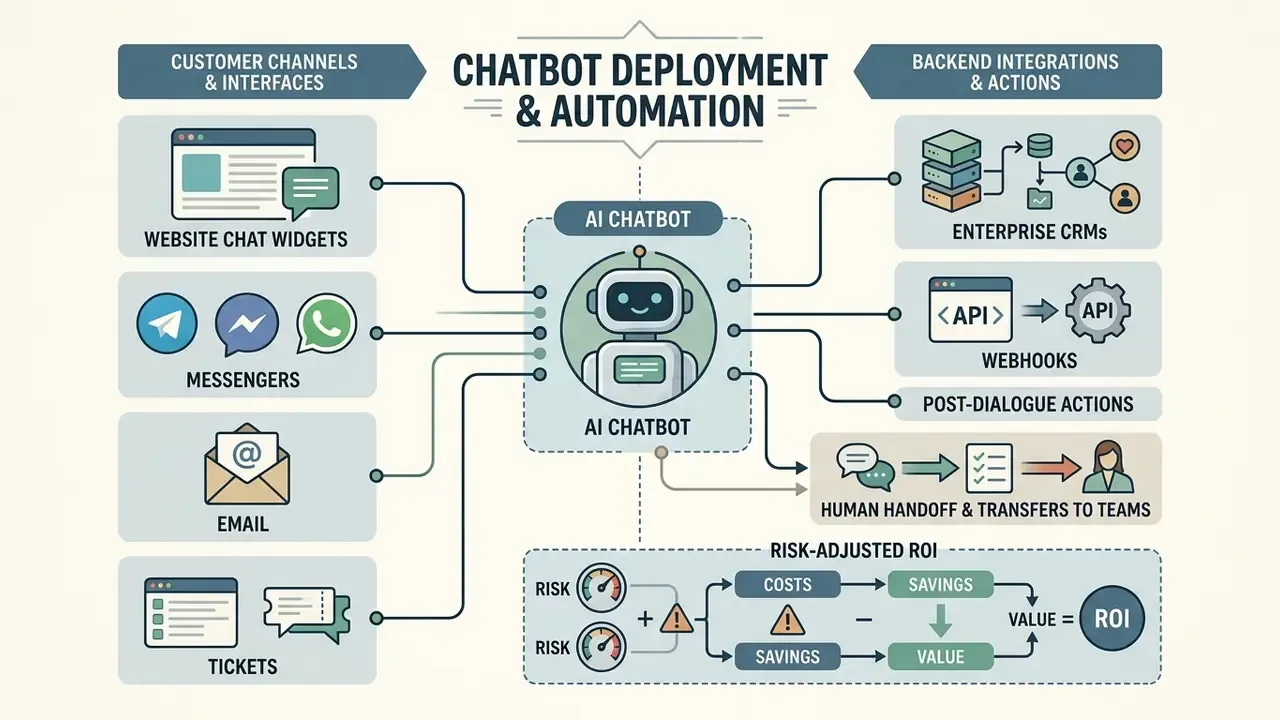 Centralized AI chatbot connecting customer communication channels to backend integrations and ROI metrics