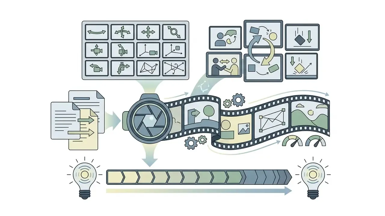 Icons for camera motion and physics simulation feeding into a film strip for AI video generation