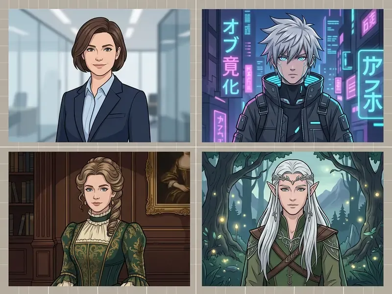 Four portraits showing identity consistency across corporate, cyberpunk, historical, and fantasy styles
