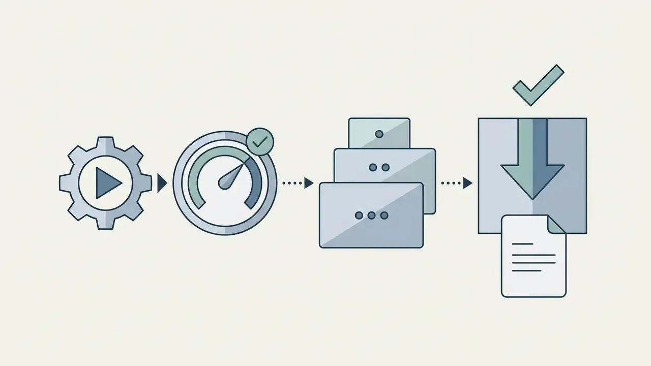 Sequence of icons showing video playback, resolution selection, and downloading a finished file