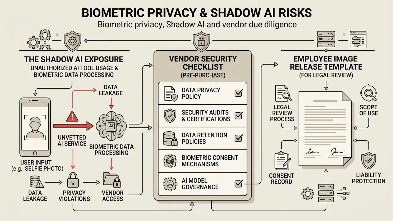Infographic showing biometric data risks, vendor security checklists, and legal image release templates