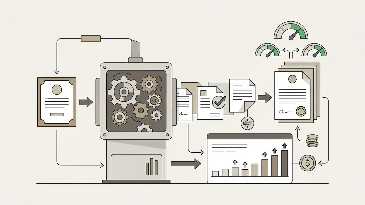 Documents moving through gears into a stack of certificates next to growth charts and currency icons
