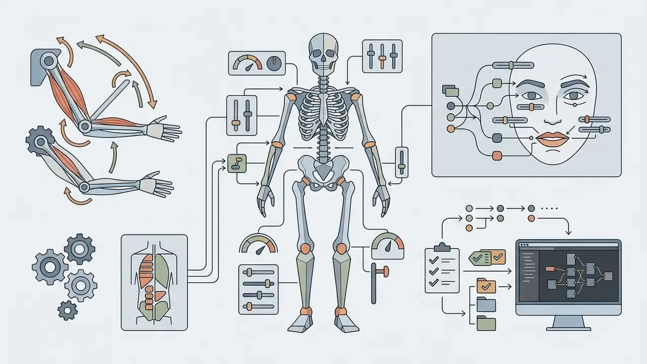 Human skeleton model with control sliders for facial expressions and limb movement linked to software nodes