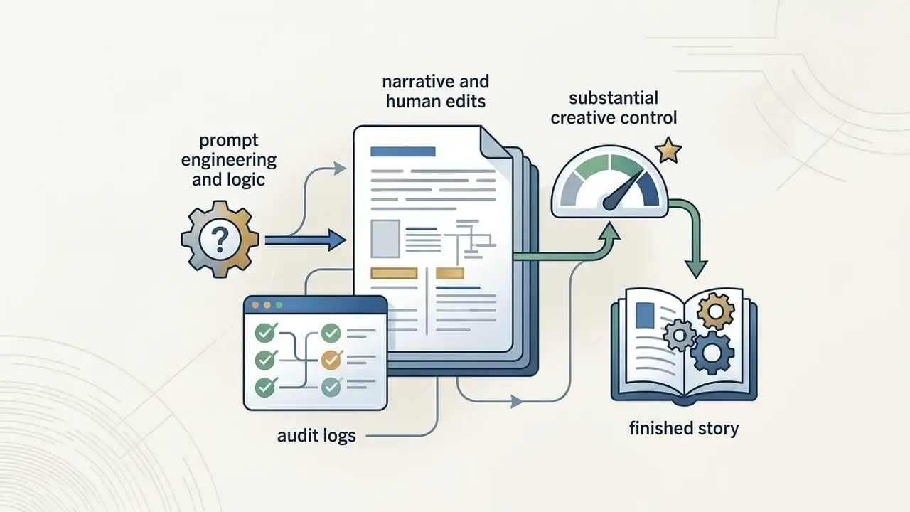Gear and document icons showing how human edits and audit logs lead to a finished story output