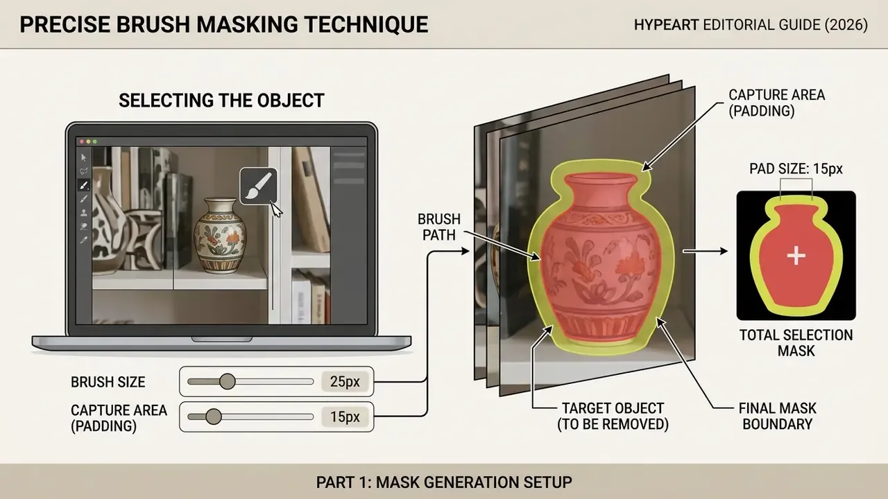 Diagram showing brush size and padding settings to define a selection mask around a vase for removal