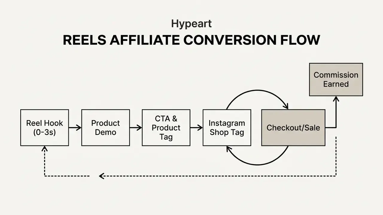 Flowchart showing the progression from a Reel hook and product demo to final affiliate commission