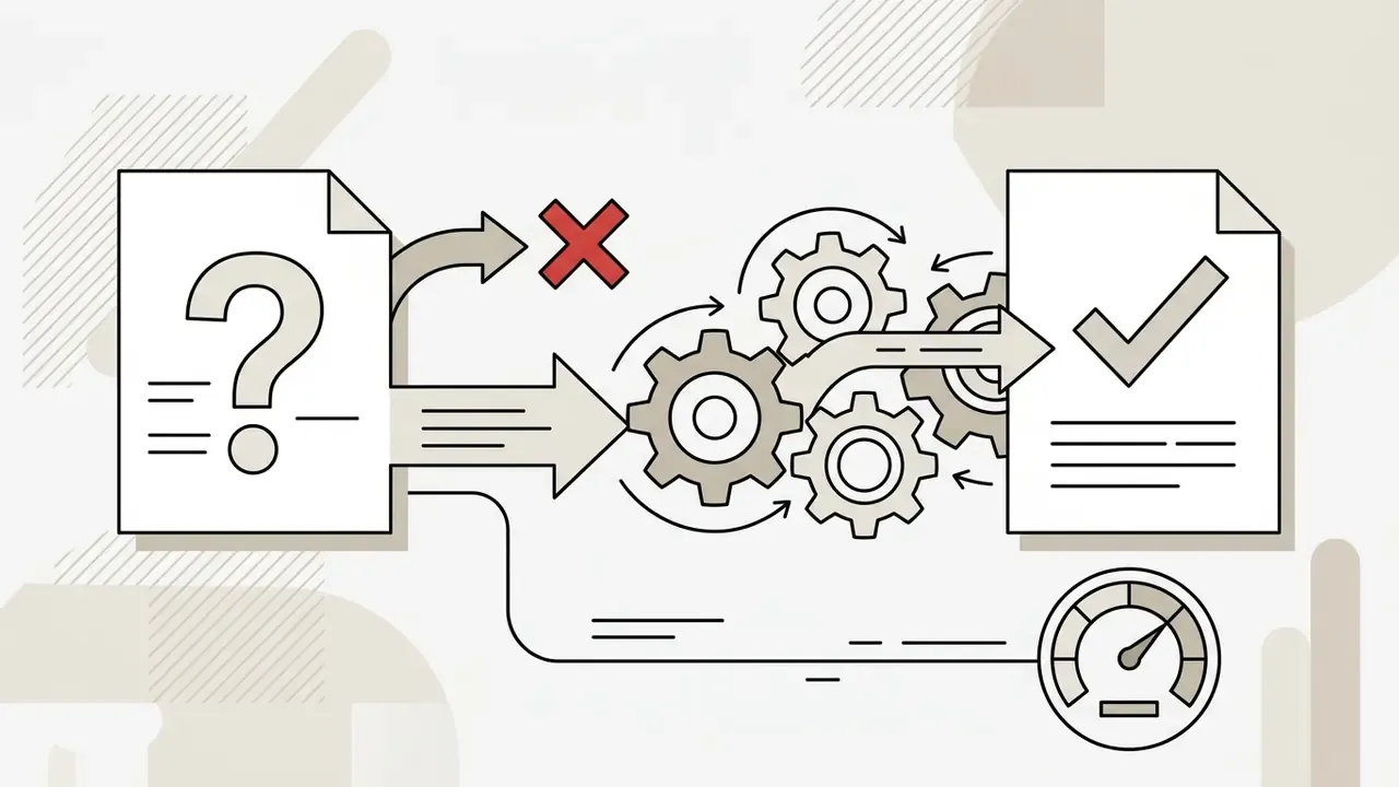 Question mark document flowing through a gear system to a checkmark document with a performance gauge