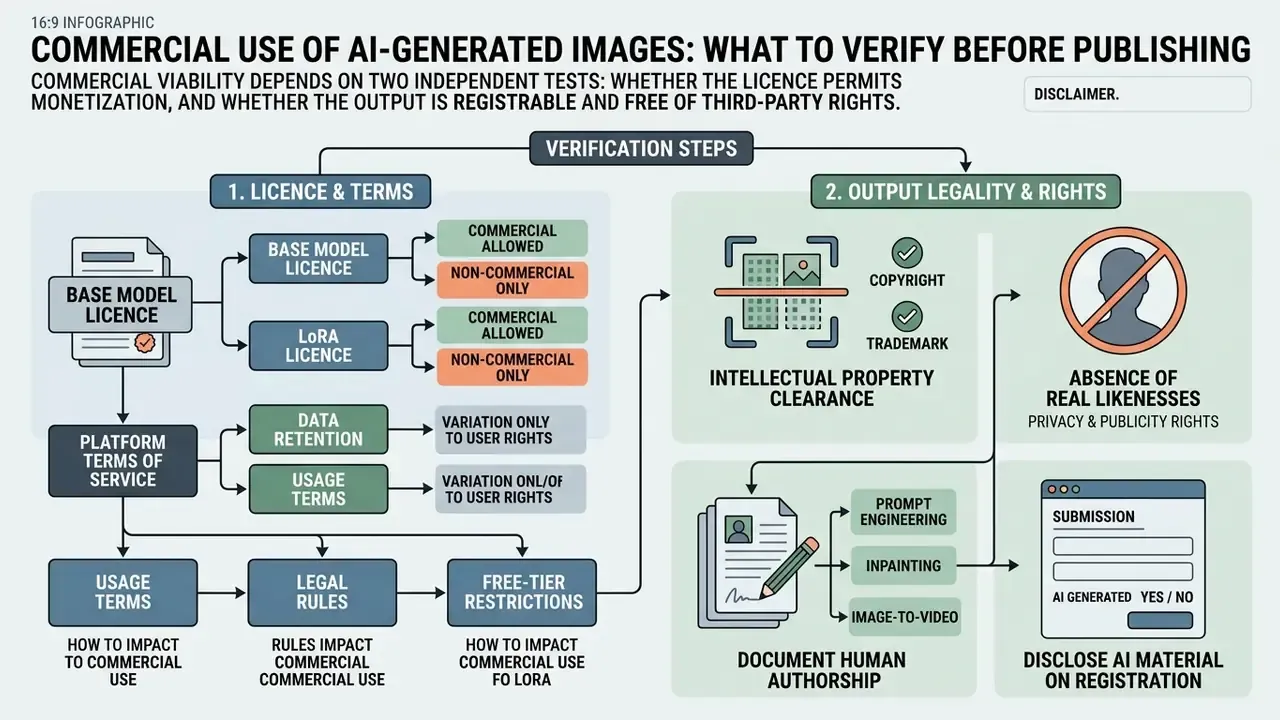 Infographic showing steps to verify commercial use of AI images through licensing and legal checks