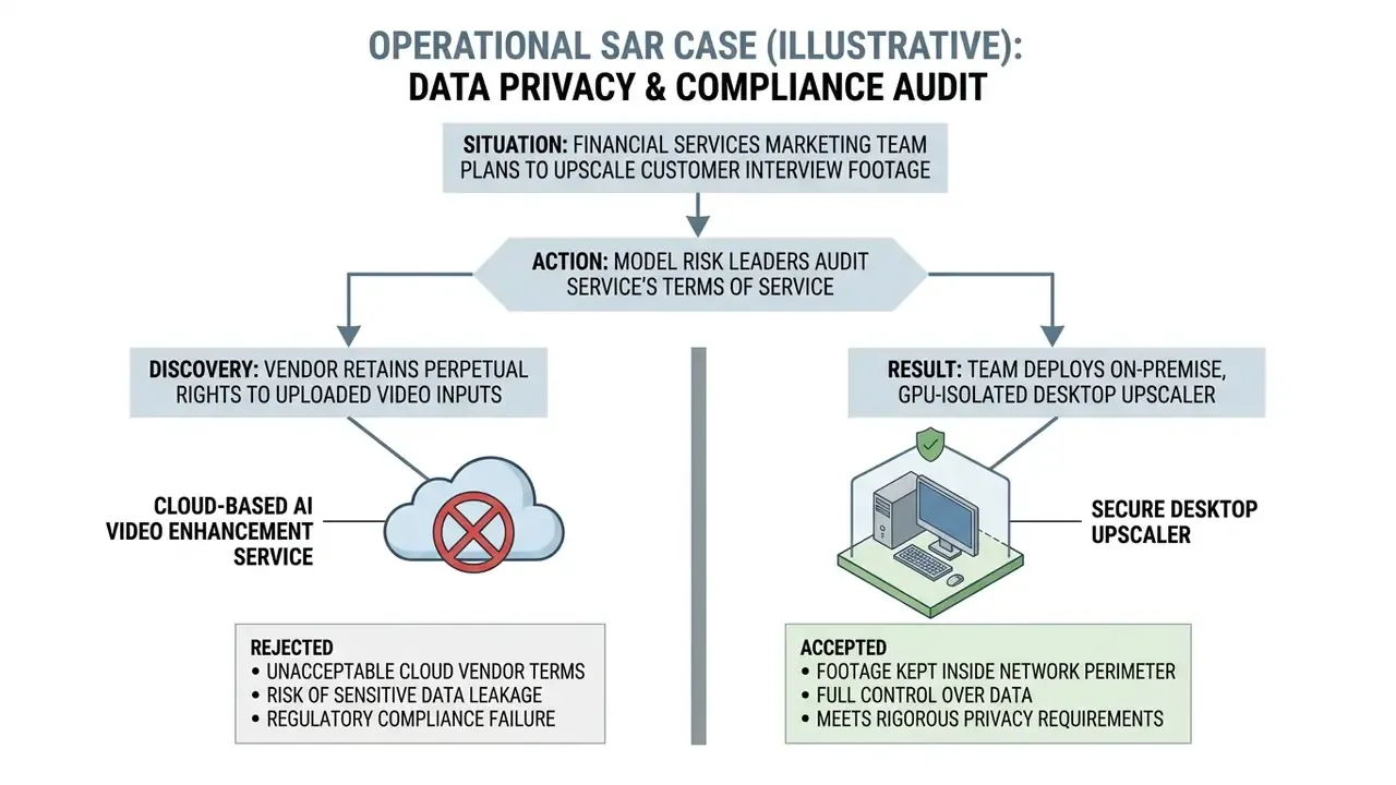 Flowchart showing a data privacy audit leading to the rejection of cloud tools for local software