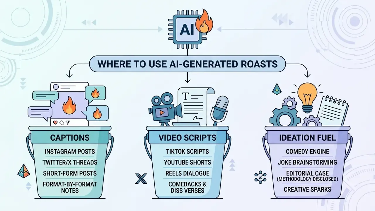 Three buckets labeled captions, video scripts and ideation fuel representing creative use cases for AI